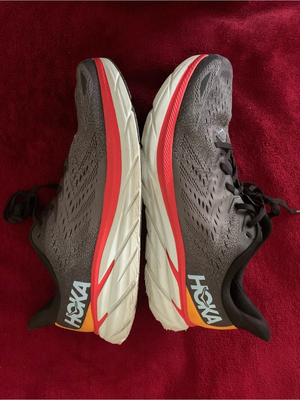 Hoka one one Clifton8 Men's Gray Running Shoes with red gold, size 12 D - Picture 8 of 16